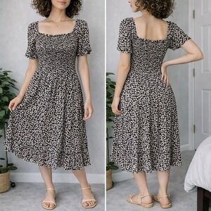 Heyson Black Floral Smocked Midi Dress Puff Sleeve Cottagecore Boho Romantic